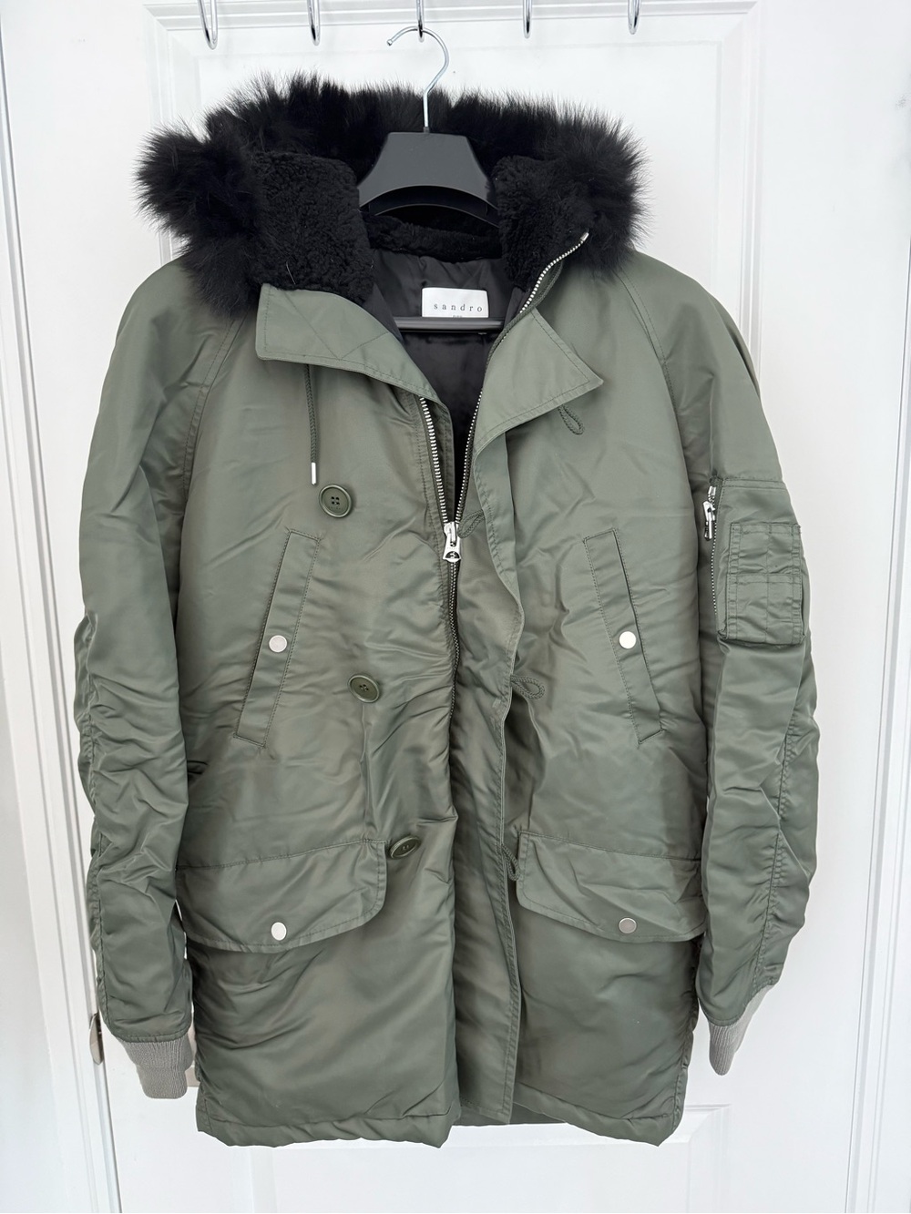 Sandro - Olive Green Hooded Parka with Black Fur Trim